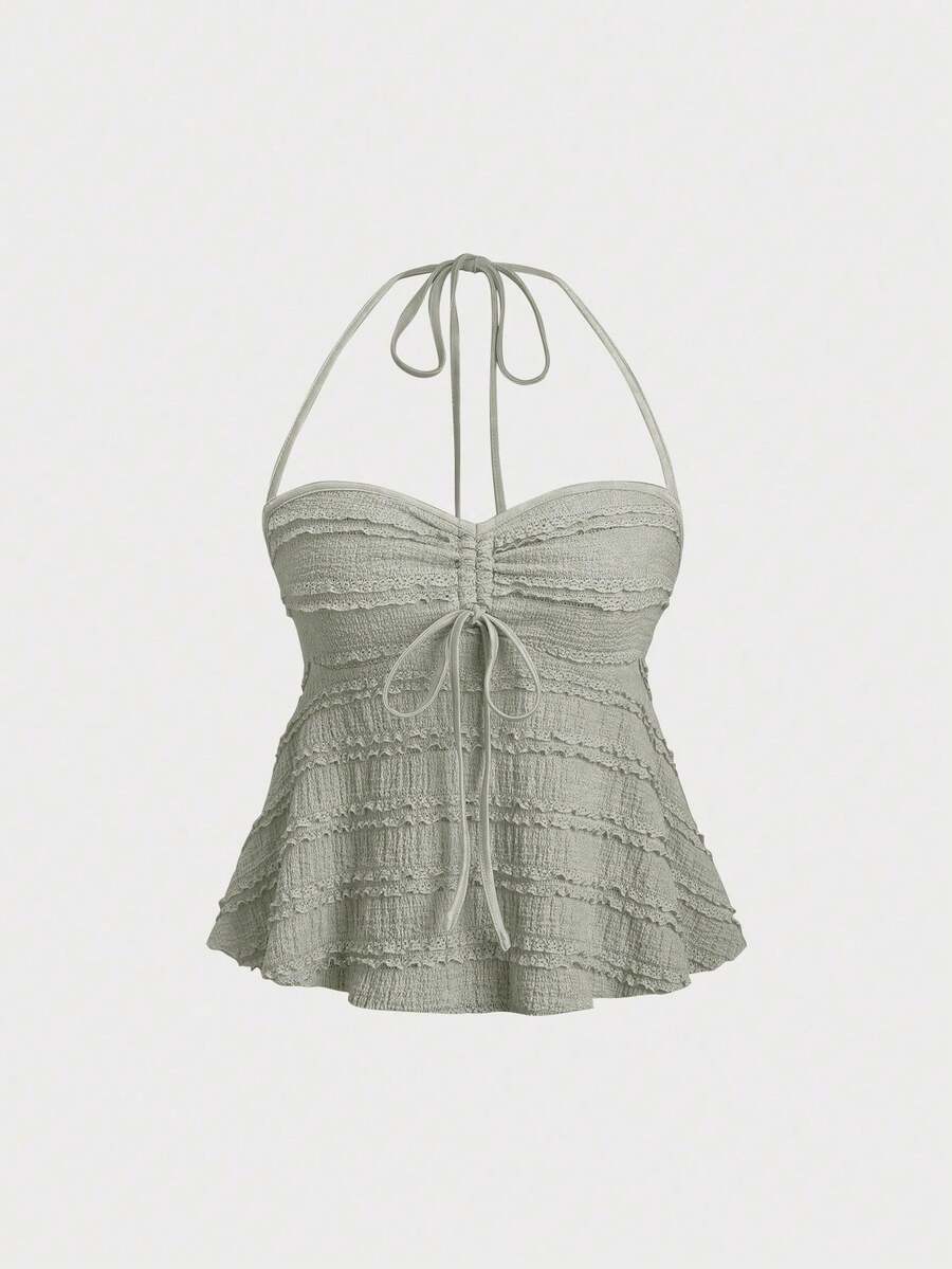 Parte superior de tirantes informal de unicolor con cordón y nudo delantero, verano - Verde militar - Ver 1