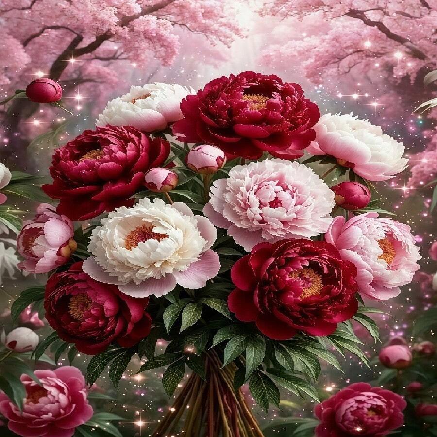 1件 30x40cm/12x16in 5D DIY 全鑽畫套裝，紅粉牡丹花束配櫻花背景設計，水鑽馬賽克藝術，手工牆飾適合客廳臥室，家居裝飾成人初學者禮物