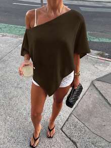 Women's Fashion Solid Color Knit Shawl Cover Up Vacation - Dark Brown - View 3
