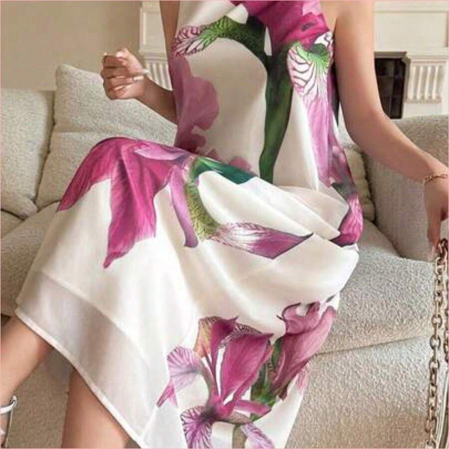 WNS Vestido de verano de dama de honor con estampado floral elegante, cuello redondo y sin mangas, de largo medio - Rosa - Ver 1