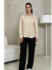 Women's Long-Sleeved Basic Shirt In Pure Cotton. Classic And Versatile For Everyday Wear. Minimalism. - Nude - View 2