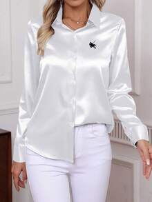 Blusa clásica de unicolor, elegante de popelina, de manga larga con botones para mujer, para uso diario en la oficina, nueva llegada de primavera 2025 - Blanco 2 - Ver 1