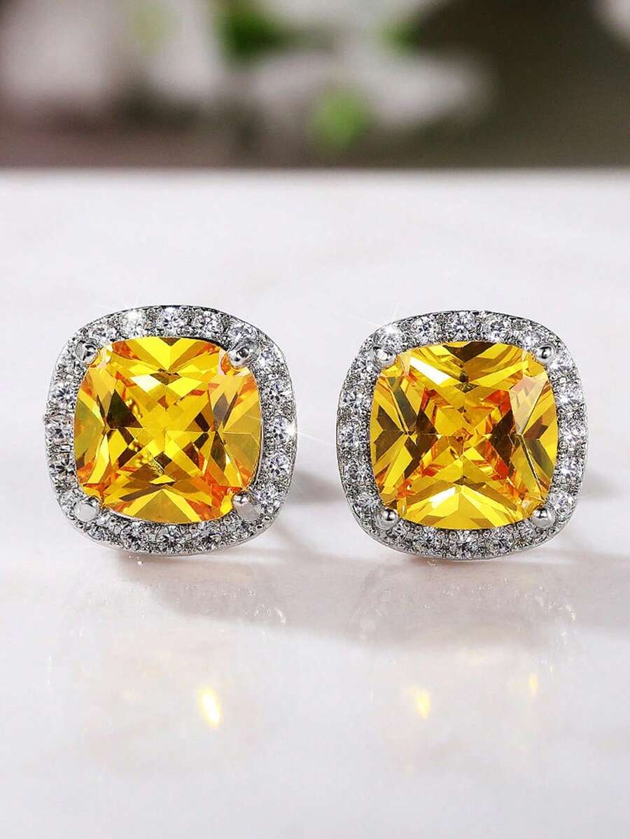 1 Đôi bông tai nụ đá Cubic Zirconia màu vàng thanh lịch, phù hợp cho nữ, có thể đeo trong đám cưới, đính hôn, kỷ niệm, tiệc tùng, ngày lễ Valentine và các dịp khác - Bạc + Vàng - Xem 1