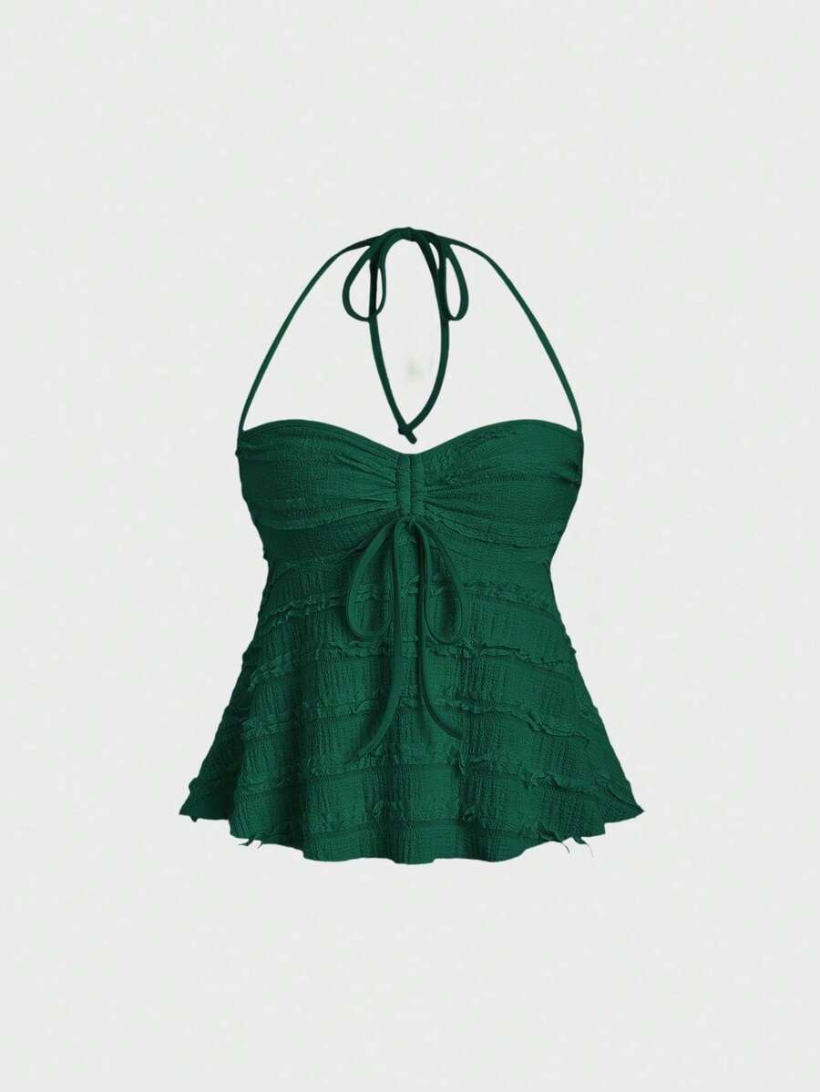 Parte superior de tirantes informal de unicolor con cordón y nudo delantero, verano - Verde Oscuro - Ver 1