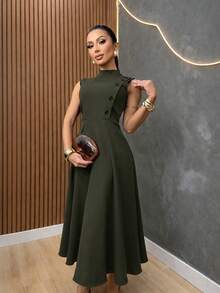 Elegant Women's Midi Dress, Sleeveless, High Neck With Side Buttons, Chic Tailored, Casual And Party Wedding Dress - 軍綠色 - 查看 5