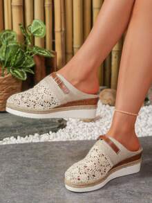 New Women's Fashion Hollow Woven Rope Bottom Thick Sole Wedge Sandals, Slip-On Comfortable Lightweight Breathable Versatile Mule Flat Sandals - Beige - View 5