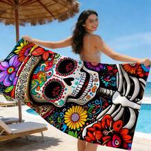 1pc Day Of The Dead Sugar Skull Floral Print Beach Towel, Sand Free Quick Dry Absorbent Microfiber Pool Towel, Lightweight Summer Travel Swimming Beach Accessory - L - View 8
