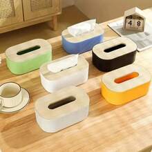1pc Modern Bamboo Lid Tissue Box Holder - Durable Plastic, Square Dispenser With Wooden Top, Suitable For Bathroom, Vanity, Counter And Office Decor, Bathroom Vanity Accessory, Bathroom Decor And Accessories, Minimalist Design, Modern Decor - Multicolor - View 2