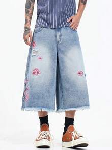 1 buah Celana Pendek Denim Biru Sobek Bordir Gaya Amerika Vintage untuk Pria, Desain Sederhana (Tidak Termasuk Sabuk/Aksesoris) - Biru - View 1
