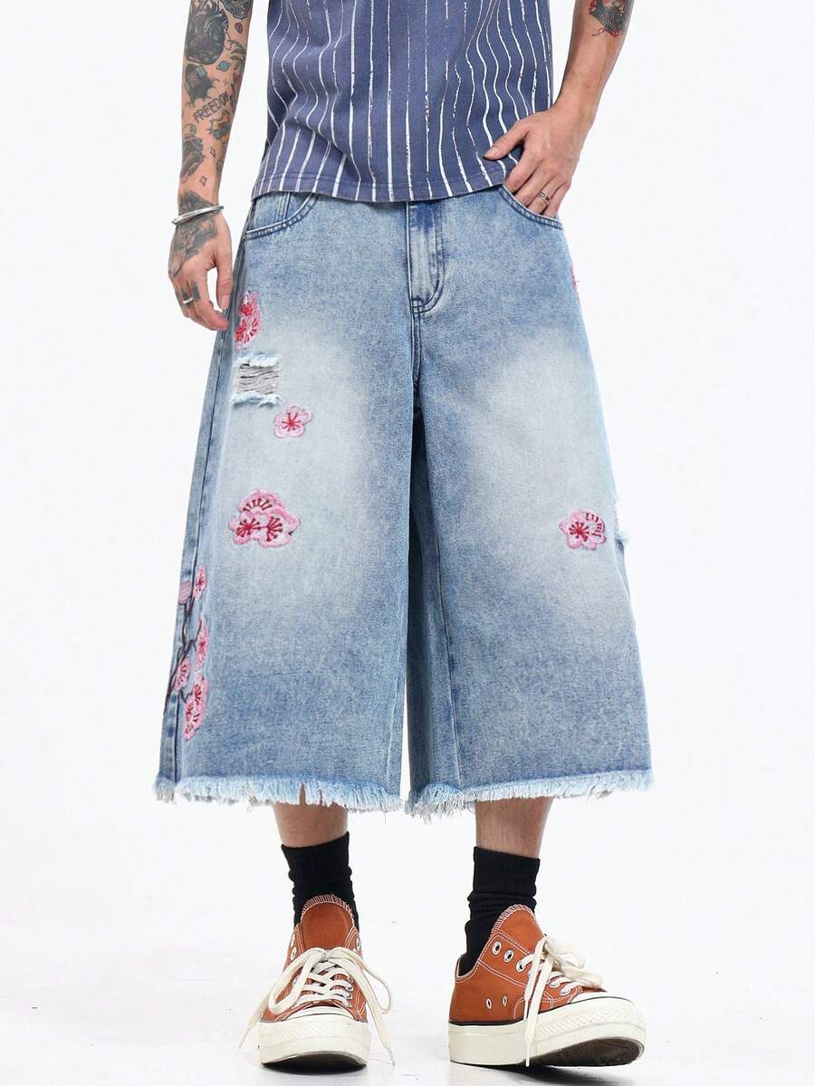 1 buah Celana Pendek Denim Biru Sobek Bordir Gaya Amerika Vintage untuk Pria, Desain Sederhana (Tidak Termasuk Sabuk/Aksesoris) - Biru - View 1