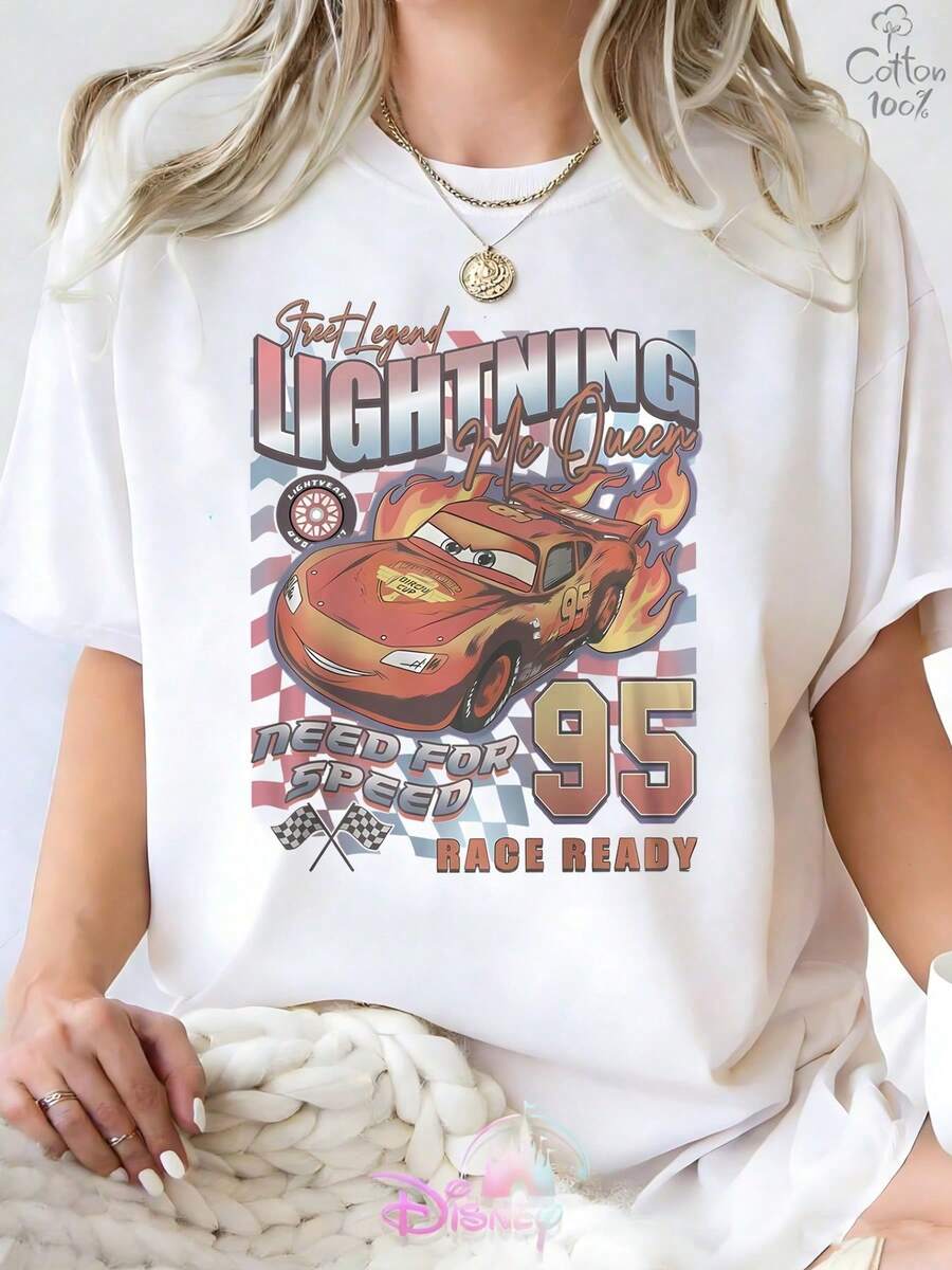 Breathable Cotton Disney Fan Tee | "Lightning McQueen 95 Need For Speed" Race Ready Print | Vintage Racing-Style Short-Sleeve Tee - trắng - Xem 1