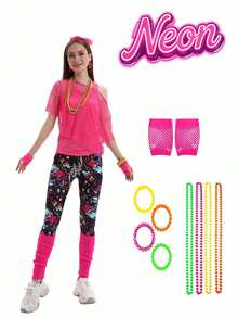 Neon Beaded Necklace & Bracelet Set With Pink Fishnet Gloves, 80s Retro Outfit, Suitable For Halloween, EDM Parties, Summer Beach Parties And Theme Events - Hot Pink - View 2