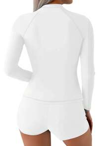 Women Vintage Tight Fitting Sports Beach Surfing Long Sleeve Rash Guard Swimsuit 2 Piece Set Pullover Swimwear With Boyshorts Diving Suit High Elasticity, Sun Protection, Quick Drying, Surfing, Diving, Outdoor Swimming, Sunbathing - White - View 3