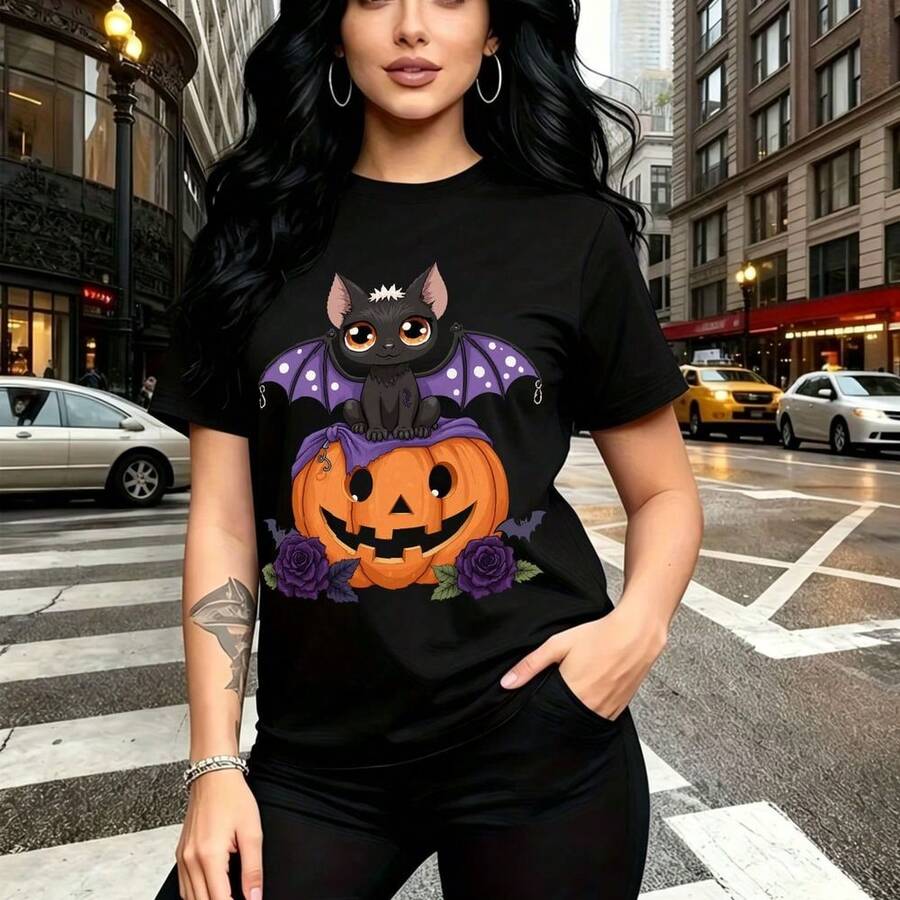 Camiseta de mujer con estampado de gato negro con alas de murciélago y calabaza iluminada - camiseta casual de manga corta, ajuste cómodo y fresco, estilo urbano y alternativo para el Día de Muertos - ideal para paseos por la ciudad, fiestas temática - Negro - Ver 1