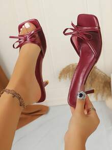 Oversized 1 Size Up Summer New Square Toe Slide Sandals, Thin Heel Thong Sandals, Versatile Outdoor Wear Thin Heel Toe-Post Flip Flops For Women, Mesh Breathable Bowknot - Burgundy - View 4
