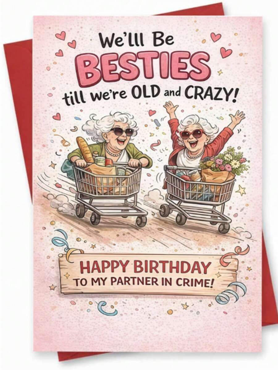 1pc Funny Friend Birthday Card, Friend Theme, Cute Cartoon, Friend Shopping Cart Pattern, Humorous Wishes, Suitable For Friends, Sisters, Wives, Girlfriends, Gifts, Party Celebrations, Lovers, Friendship Theme - View 1