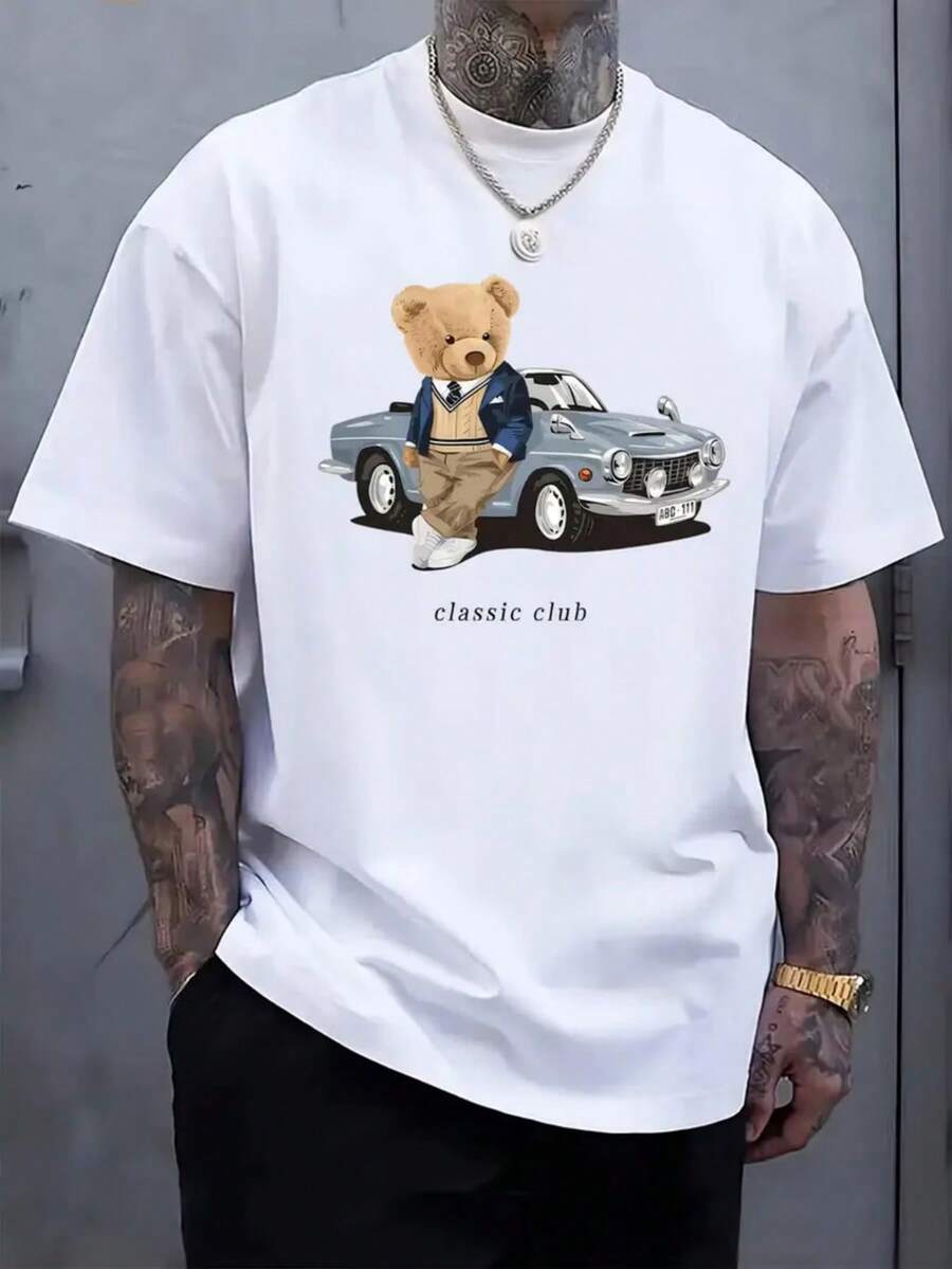 Klassisches Club Vintage Sportwagen-Bären-Print Kurzarm-T-Shirt, Amerikanischer Preppy-Stil, Locker Sitzendes Bequemes Individuelles Oberteil - Weiss - Übersicht 1