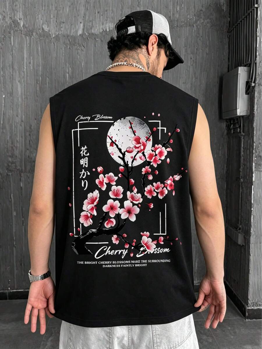 YUNCHIC 男士宽松印花T恤，春夏款，创意樱花图案，舒适休闲，透气面料，适合日常穿着 - 黑色 - 查看 1