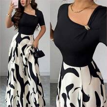 WNS  Elenzya Vestido de línea A con cintura ceñida, cuello en V, con patrón abstracto en blanco y negro y decoración de hebilla de metal, elegante para uso diario, vacaciones, viajes, San Valentín, citas, ropa de calle, fiestas, principios de primavera/primavera-verano - Verde Oscuro - Ver 9
