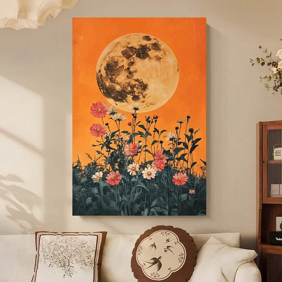 Enmarcado Lienzo impreso en 2D plano, Luna y Flores - con cielo naranja vibrante, diseño plano en 2D para dormitorio, sala de estar o decoración de residencia estudiantil, idea de regalo perfecta, decoración de pared para dormitorio | vibrante | Diseño plano en 2D, decoración de luna - Enmarcado - Ver 1