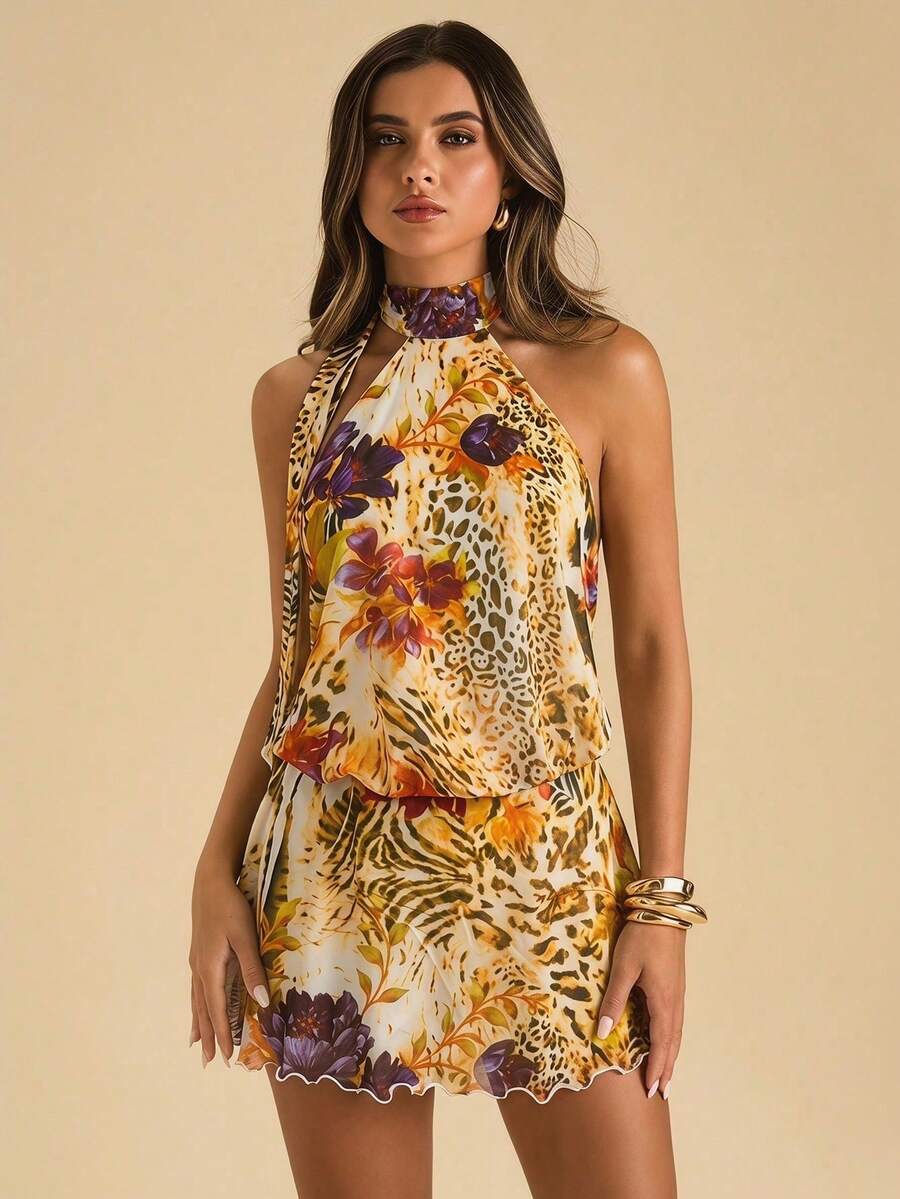 Vestido corto de verano elegante y sexy con estampado floral y espalda descubierta - Amarillo claro - Ver 1