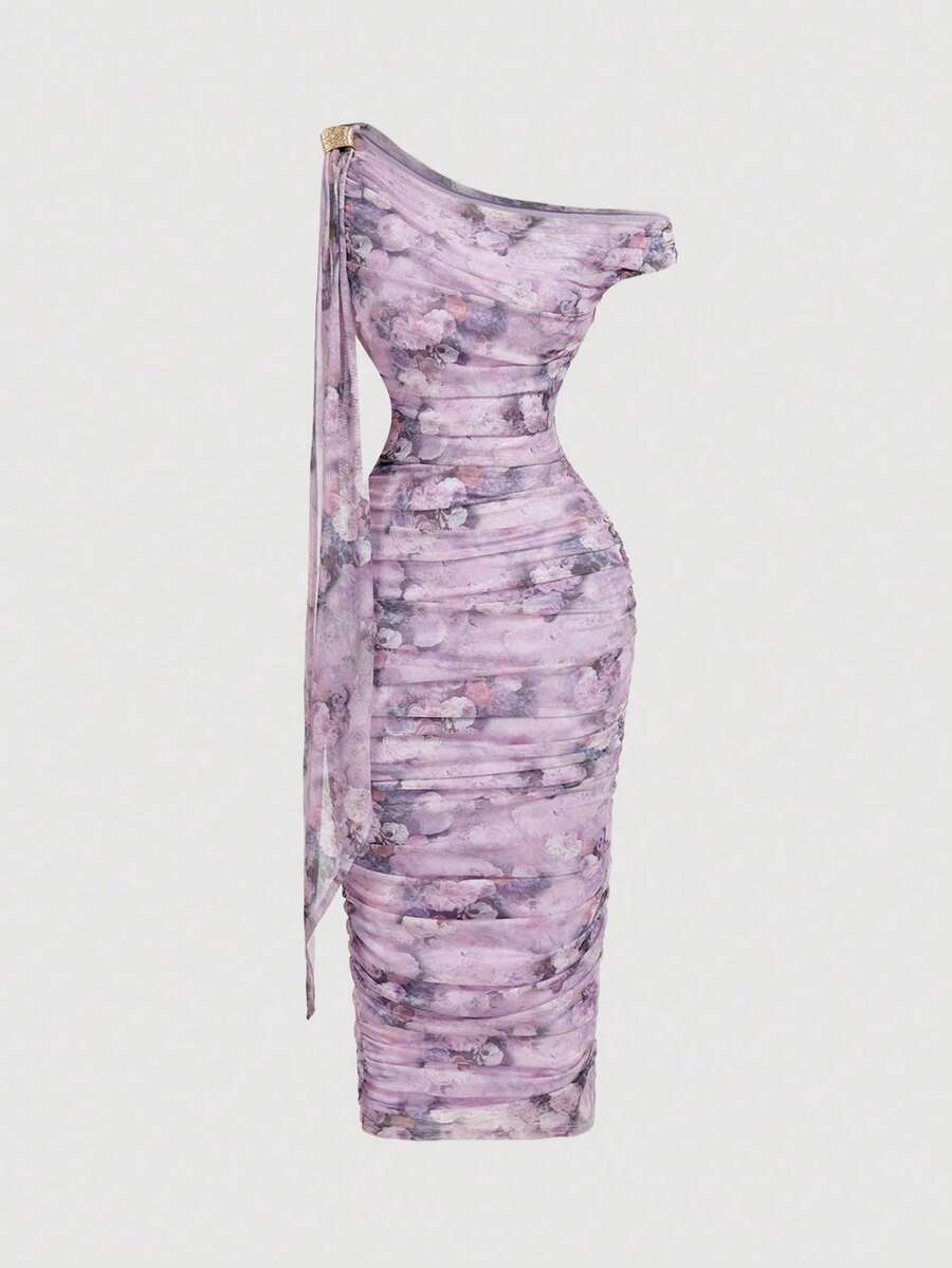 dfgSHEIN MOD Vestido de longitud media ajustado con cuello asimétrico y volantes con estampado floral elegante para mujerafd FWWQ - Lila Púrpura 2 - Ver 1