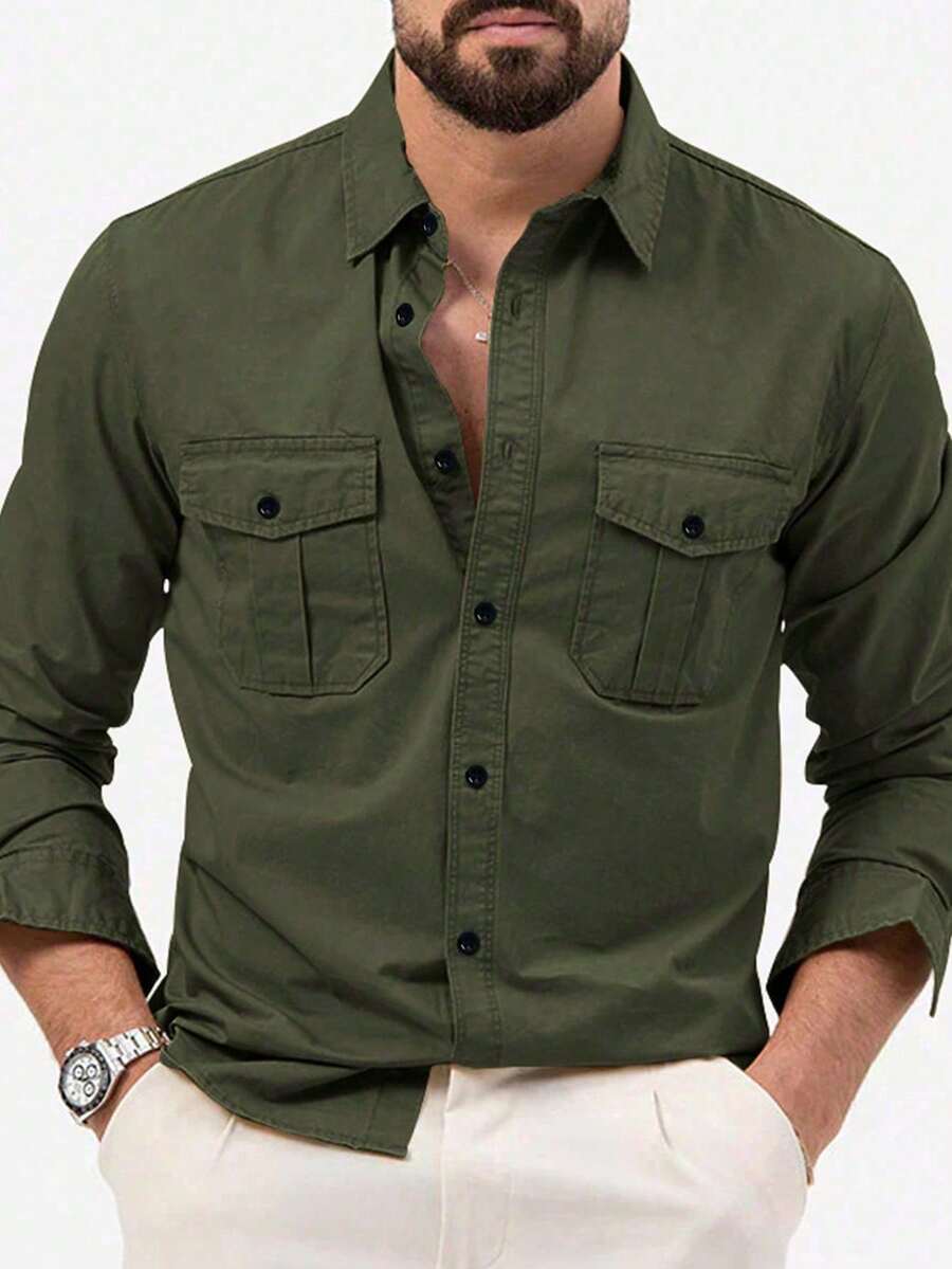 Camisa de vestir de manga larga de unicolor versátil para hombre, casual de negocios, otoño - Caqui - Ver 1
