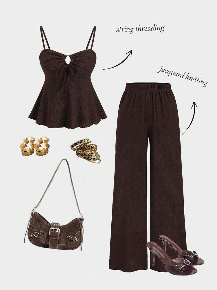 Conjunto de 2 piezas de top de tirantes con lazo casual caqui y pantalones rectos de pierna ancha cómodos, para primavera/verano - Café integral - Añade 1