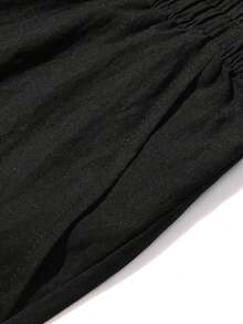 Pantalones largos casuales de lino de unicolor y estilo minimalista para hombre, pantalones rectos holgados para vacaciones en la playa y uso diario - Negro - Ver 6