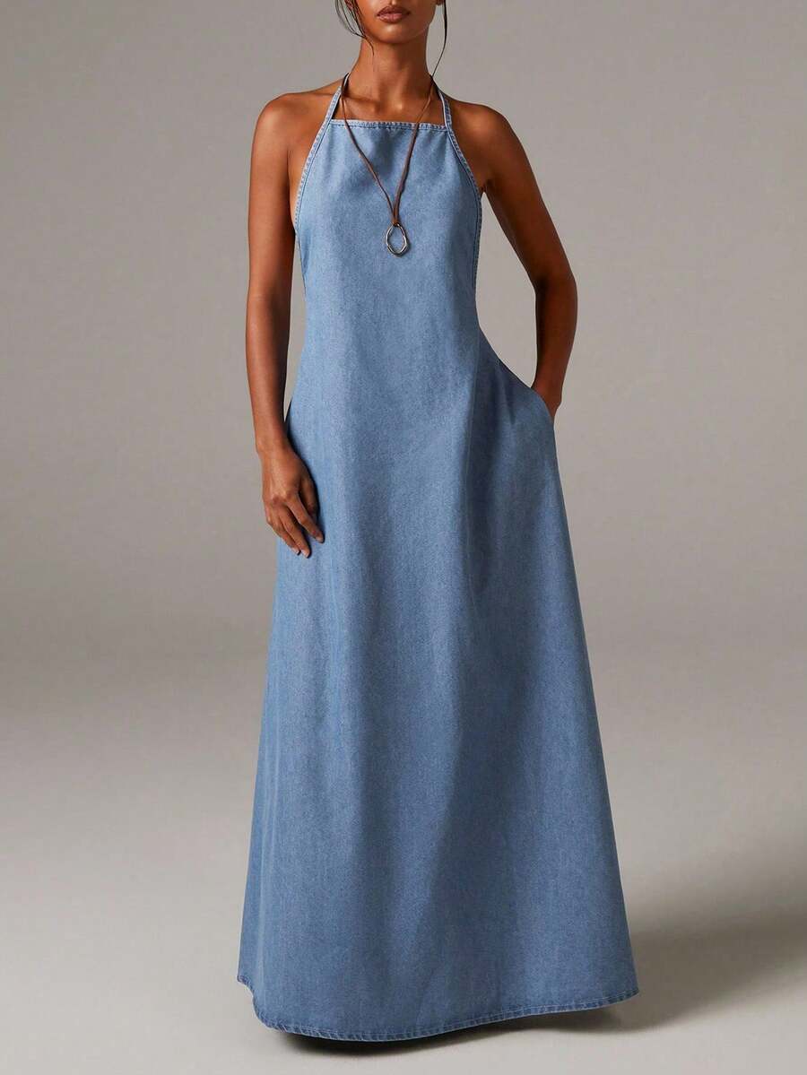 Plus Size Women's Casual Backless Denim Dress, Suitable For Summer Summer Dress Spring Dress Spring Clothes Women Festival Outfits For Women Party Dresses For Women Beach Dresses Beach Dresses For Women Graduation Dresses Elegant Dresses For Women Elegant Dresses For Ladies Casual Dress Vacation Outfits Women Summer Holiday Outfits Vacation Dresses Beach Vacation Outfits For Women Blue Dress Women's Sleeveless Halter Neck Denim Maxi Dress With Pockets For Casual Summer Style - 中等水洗 - 查看 1