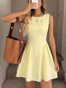 Women's Sleeveless Round Neck Tie-Waist A-Line Dress, Yellow Textured Woven Fabric, Short Flared Hem Elegant Summer - Yellow - View 6