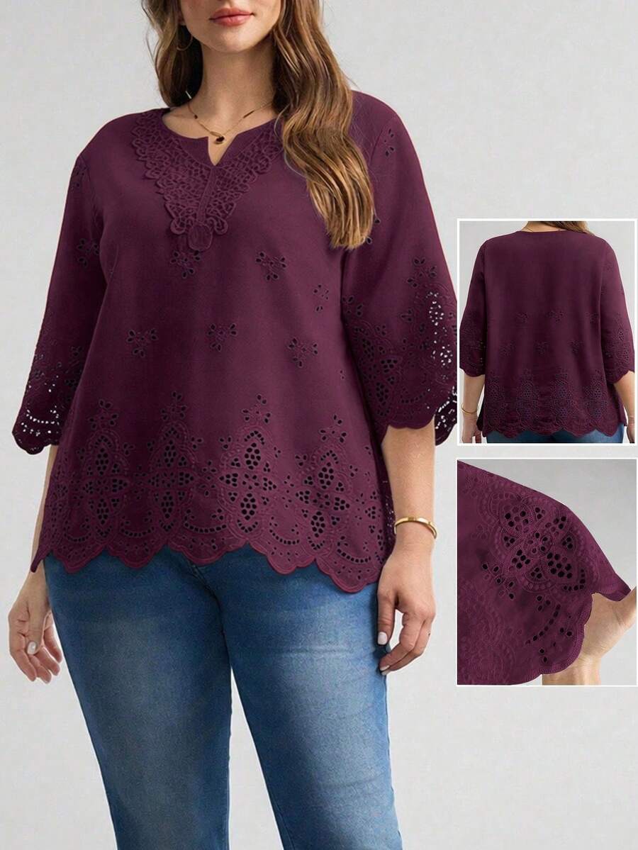 LUNE Blusa de verano de talla grande, de unicolor, hueca, bordada, casual, para vacaciones, temporada de bodas, nuevo diseño de playa para mujer - Burdeos - Ver 1