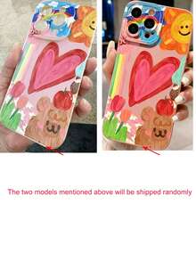 1pc Oil Painting Heart Pattern Phone Case Compatible With Apple 11/12/13/14/15/16/17 Pro Max - Pink - View 4