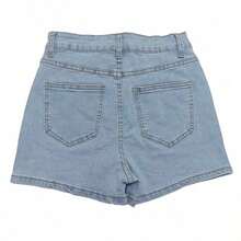 Pantalones cortos de mujer de mezclilla marrón, estilo recto casual con botones y bolsillos, tela con estiramiento medio, cómodos y de moda para el verano - Azul lavado medio - Ver 5