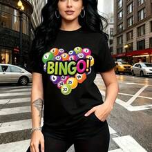 Camiseta de mujer con estampado colorido de "BINGO!" y bolas numeradas en forma de corazón - camiseta casual de manga corta con ajuste cómodo y estilo urbano, ideal para paseos por la ciudad, salidas divertidas con amigas o eventos temáticos - regalo - Negro - Ver 8