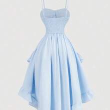 WNS  MOD Vestido vintage con cuello de corazón, cruzado en la cintura, con volantes en el borde y bajo asimétrico, unicolor, para graduación en blanco - Azul y blanco - Ver 3