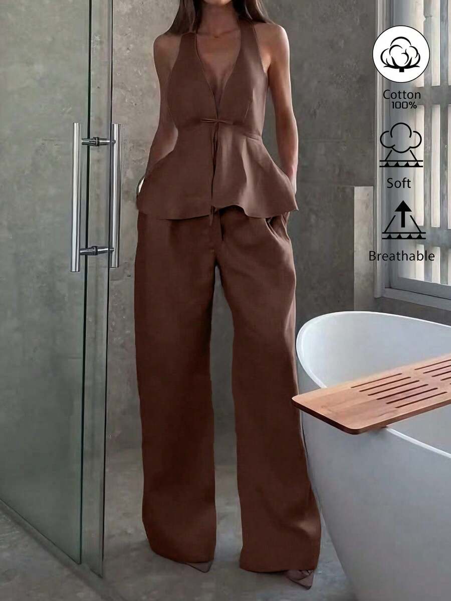 Conjunto de top de algodón y lino con atar en el cuello en forma de A y pantalones rectos holgados para mujer, uso casual diario y vacacional, elegante para primavera/verano - Café integral - Ver 1