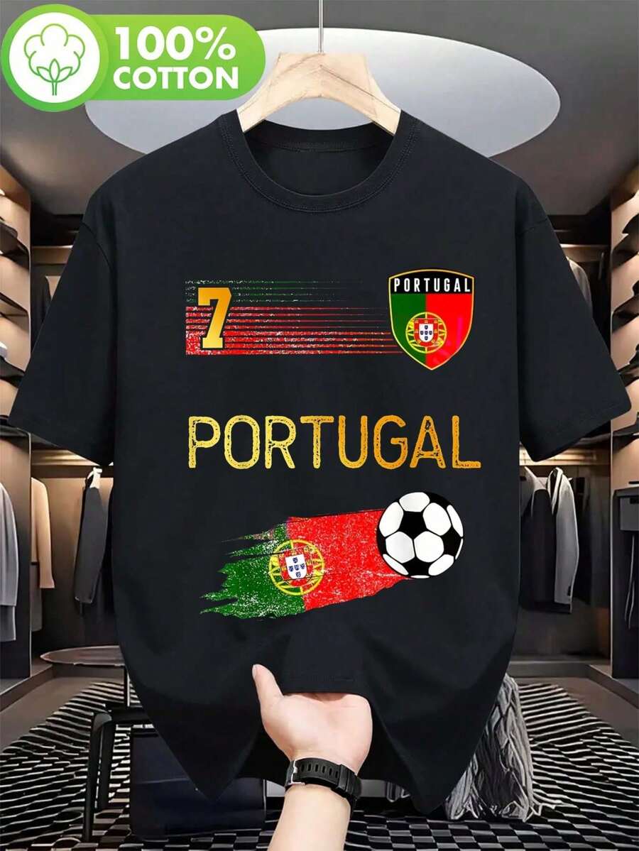 Vintage Herren Portugal Flagge Stolz T-Shirt, Schwarz Grün Rot Nummer 7, Patriotisch Rundhals Top - Black - View 1