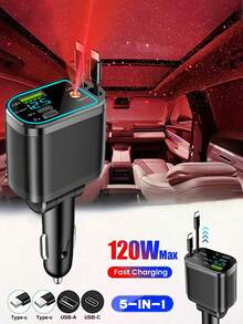 5-In-1 Retractable Car Charger, Fast Charging Adapter With Environment Light & Starry Light, USB Type-C PD, Compatible With IPhone IOS & Android, Voltage Display, Cigarette Lighter Adapter - A - View 2