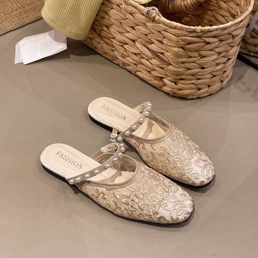 法式刺繡蕾絲網格方頭包頭拖鞋,優雅珍珠時尚百搭平底穆勒鞋,仙女風百搭宴會派對涼鞋,適合搭配洋裝 - 香檳色 - 查看 1