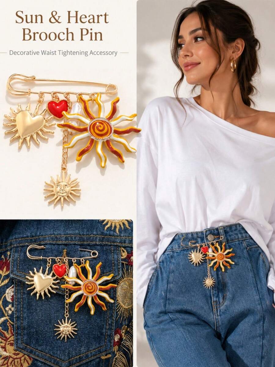 1pc Sun And Heart Pendant Brooch, Creative Multifunctional Waist Tightening Pin - Multicolor - View 1