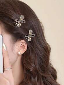 2pcs Premium Front Side Hair Clips For Bangs, Small Rhinestone Bow Alligator Hair Clips, Crystal Hair Accessories For Women, Suitable For Daily Wear And Dates - Black - View 2