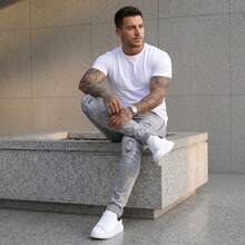 Men's Skinny, Gray, Washed, Ripped, And Paint Splattered Player Jeans With Elastane, Mid-Length Fit, Streetwear Style. - JO-03 - View 7