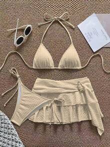 3 piezas Conjunto de bikini casual de tela especial para en la playa, unicolor para vacaciones de verano - Naranja - Ver 1
