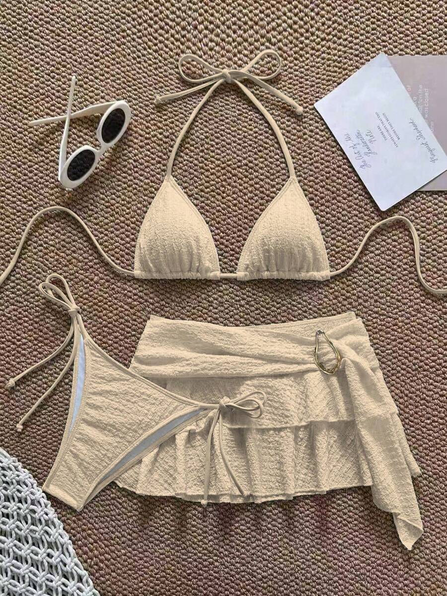 3 piezas Conjunto de bikini casual de tela especial para en la playa, unicolor para vacaciones de verano - Naranja - Ver 1