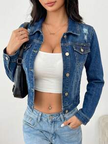 Chamarra Denim Slim Con Desgastados Premium, Estilo Urbano Trendy. - Azul Oscuro H3NZY04 - Ver 2