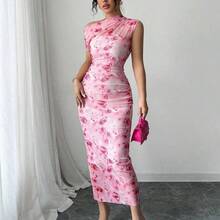 WNS  Vestido mini ajustado de 2025 verano de tinte degradado en melocotón suave francés con cuello asimétrico fruncido en la cintura - Azul - Ver 5