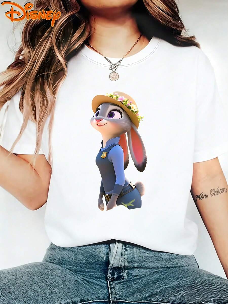 Breathable Cotton Disney Fan Tee | "Officer Judy Hopps" Floral Summer Hat Art Print | Whimsical Casual Short-Sleeve Top - 白色 - 查看 1