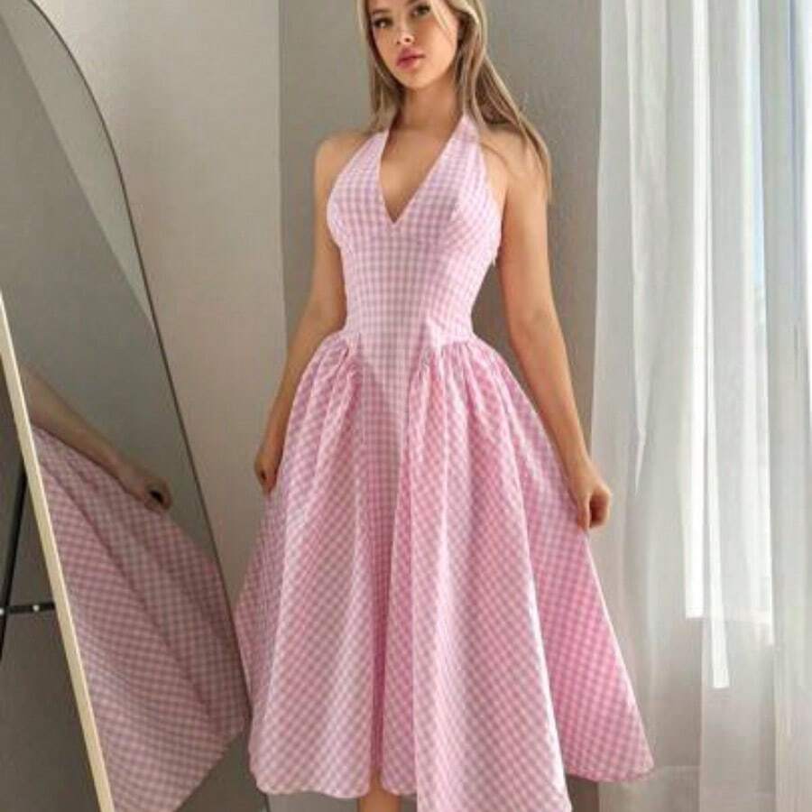 WNS Vestido casual de mujer con espalda anudada a cuadros - Rosa - Ver 1