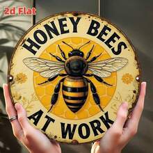 2D Flat Bee Theme Round Wall Art Sign - "Bee At Work" Rustic Aluminum Metal Plaque, 7.79x7.79 Inch Weather-Resistant Indoor/Outdoor Decor, Suitable For Garden, Honey Sign, Vintage Metal Sign, Retro, Metal Sign, German Phrase Metal Sign - A - View 7